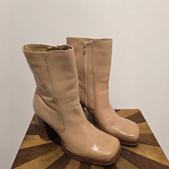 90s Y2K Bakers Tan Leather Chunky Heel Mid Calf Platform Boot 10 Womens Vintage - Picture 12 of 16